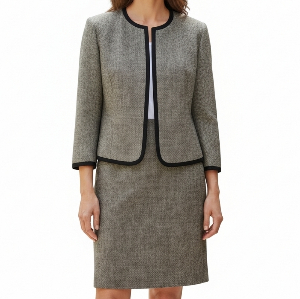 Kasper Tweed Skirt Suit 8 Black Tan Open Blazer 3/4 Sleeve Back Zip Kick Pleat - Picture 11 of 11
